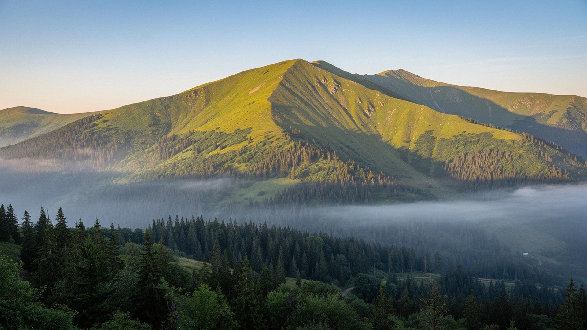 Carpathian ridge at first light above a spruce forest near the Polonyna retreat in Lviv Oblast
